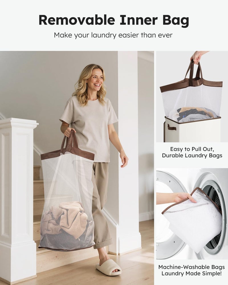 SOLEDI Clothes Hamper with Lid - 100L XL - Large Laundry Basket with Removable Bag, Collapsible Laundry Baskets, Convenient Storage - Hampers for Laundry for Bedroom, Bathroom, Closet, Dorm, Off-White - Image 5