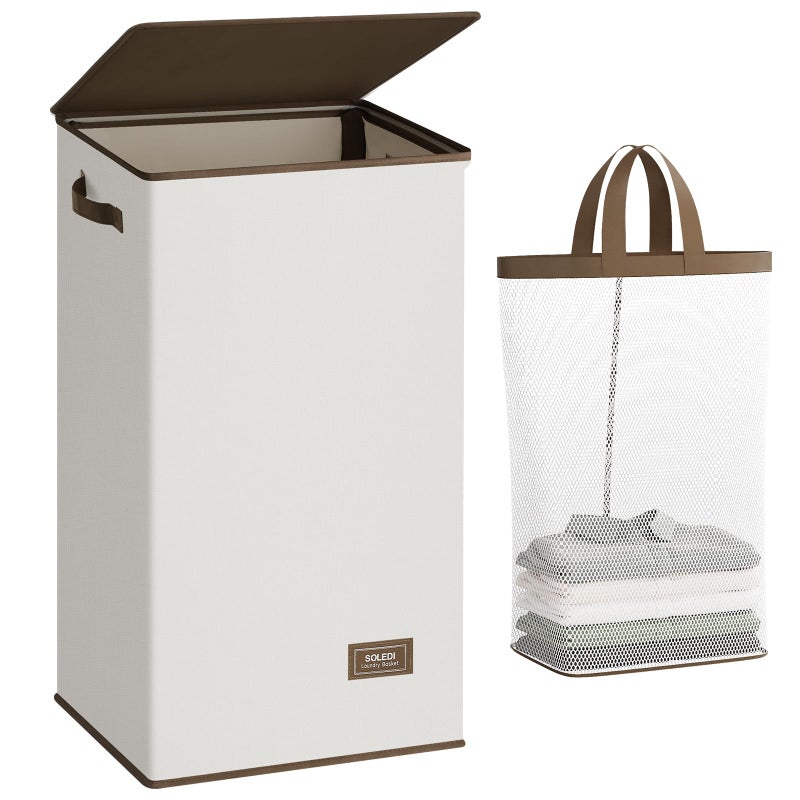 SOLEDI Clothes Hamper with Lid - 100L XL - Large Laundry Basket with Removable Bag, Collapsible Laundry Baskets, Convenient Storage - Hampers for Laundry for Bedroom, Bathroom, Closet, Dorm, Off-White - Image 1