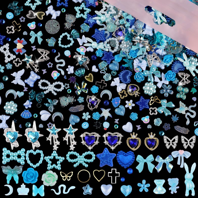 editTime 650pcs Mixed 3D Nail Charms Kit, 12pcs Luxury Metal Nail Rhinestones and 250pcs Resin Butterfly Flower Star Heart Bow Charms with 400pcs Flatback Pearls Rhinestone Metal Gems Charm (Blue) - Image 2