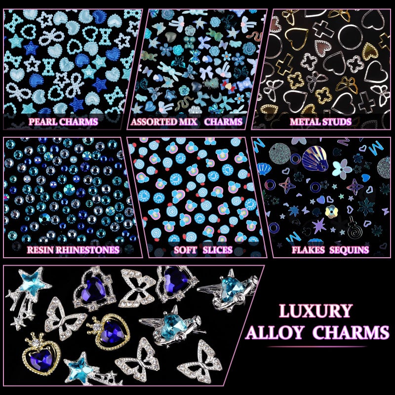 editTime 650pcs Mixed 3D Nail Charms Kit, 12pcs Luxury Metal Nail Rhinestones and 250pcs Resin Butterfly Flower Star Heart Bow Charms with 400pcs Flatback Pearls Rhinestone Metal Gems Charm (Blue) - Image 4