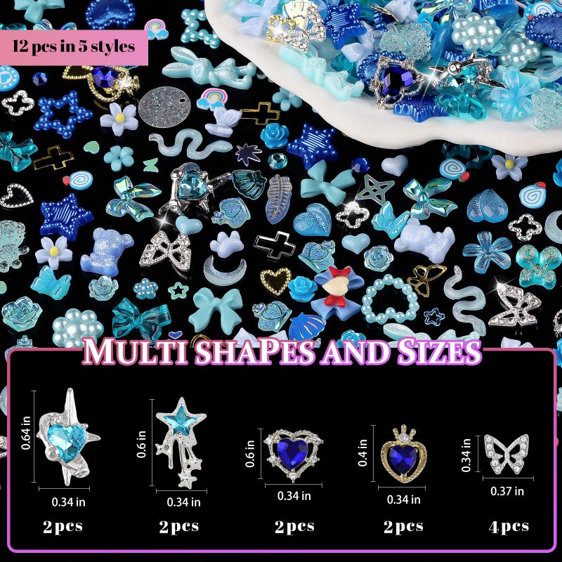 editTime 650pcs Mixed 3D Nail Charms Kit, 12pcs Luxury Metal Nail Rhinestones and 250pcs Resin Butterfly Flower Star Heart Bow Charms with 400pcs Flatback Pearls Rhinestone Metal Gems Charm (Blue) - Image 3