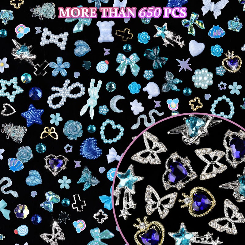 editTime 650pcs Mixed 3D Nail Charms Kit, 12pcs Luxury Metal Nail Rhinestones and 250pcs Resin Butterfly Flower Star Heart Bow Charms with 400pcs Flatback Pearls Rhinestone Metal Gems Charm (Blue) - Image 5