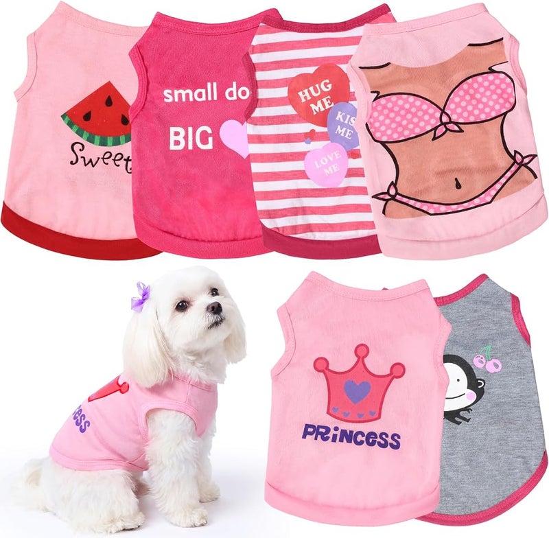 Frienda 6 Pieces Dog Shirt Puppy Sweatshirt Pet Sleeveless Vest Dog Clothes Doggy Female Apparel for Small to Medium Dogs Puppy Cat (Cute Patterns,XS Size) - Image 1