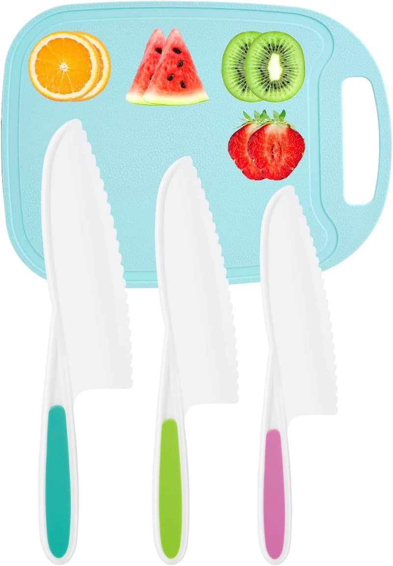 DIKAKO Kids Knife 4-Piece with Cutting Board - Toddler Knife Set Children's Cooking Nylon Knives - Serrated Edges and Firm Grip Suitable for Cutting Salad, Fruit, Cake, Lettuce (3 Sizes & Colors) - Image 1