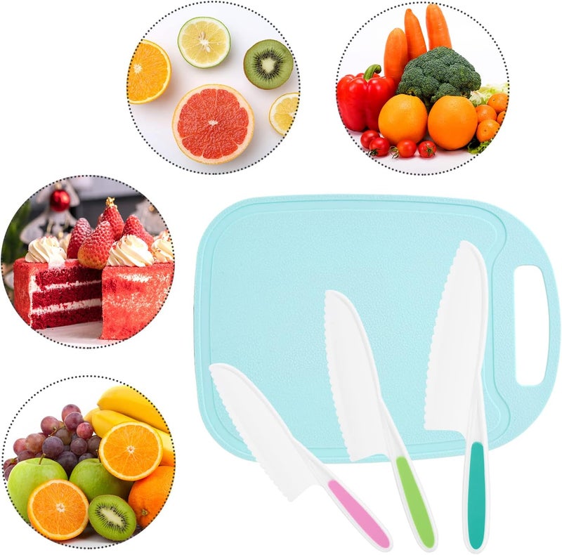 DIKAKO Kids Knife 4-Piece with Cutting Board - Toddler Knife Set Children's Cooking Nylon Knives - Serrated Edges and Firm Grip Suitable for Cutting Salad, Fruit, Cake, Lettuce (3 Sizes & Colors) - Image 4