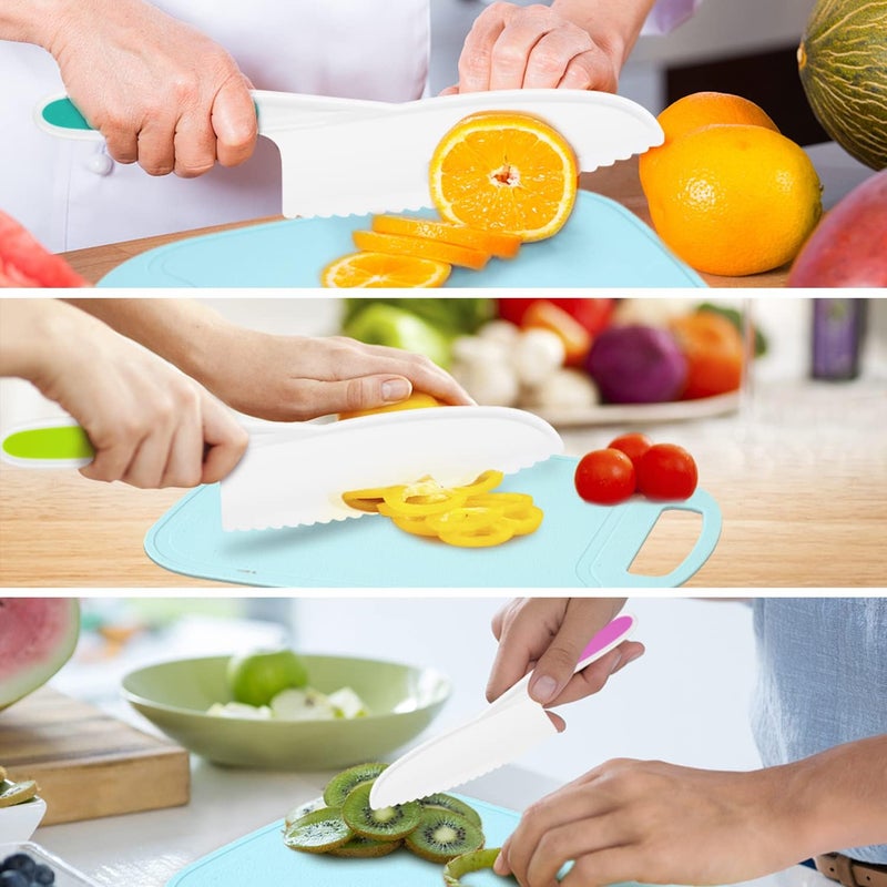 DIKAKO Kids Knife 4-Piece with Cutting Board - Toddler Knife Set Children's Cooking Nylon Knives - Serrated Edges and Firm Grip Suitable for Cutting Salad, Fruit, Cake, Lettuce (3 Sizes & Colors) - Image 5