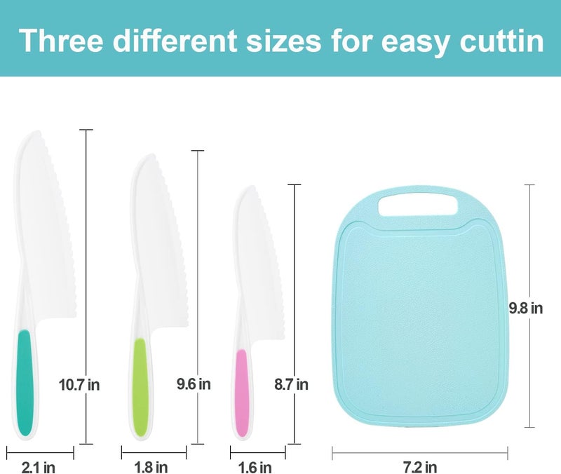 DIKAKO Kids Knife 4-Piece with Cutting Board - Toddler Knife Set Children's Cooking Nylon Knives - Serrated Edges and Firm Grip Suitable for Cutting Salad, Fruit, Cake, Lettuce (3 Sizes & Colors) - Image 2