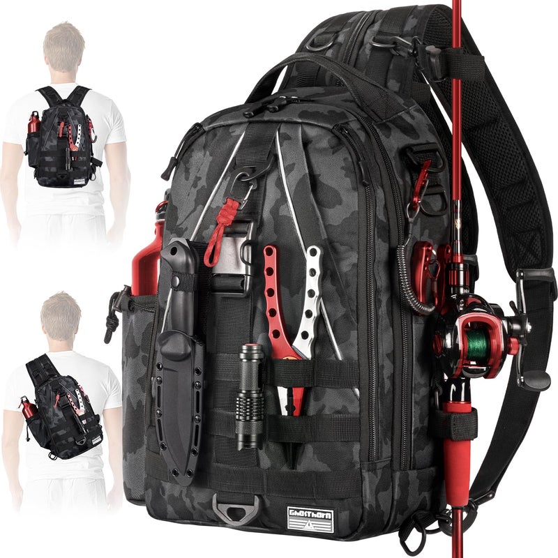 Ghosthorn Fishing Backpack Tackle Sling Bag-Backpack with Rod Holder- Lightweight Tackle Box Fly Fishing Gifts for Men Women (A.Black Camouflage) - Image 1