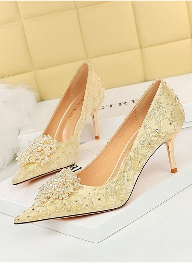 BIGTREE - Pointed Rhinestone Pearl Flower High Heels 7CM Beige - Image 1