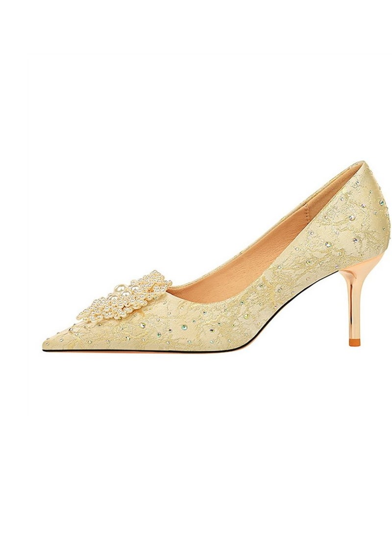BIGTREE - Pointed Rhinestone Pearl Flower High Heels 7CM Beige - Image 1