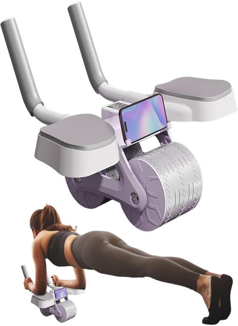 عجلة تمرين Ab Roller مع دعم الكوع، عجلة تمرين البطن الأوتوماتيكية رباعية الأبعاد مع مؤقت لتمرين القوة للنساء، أرجواني