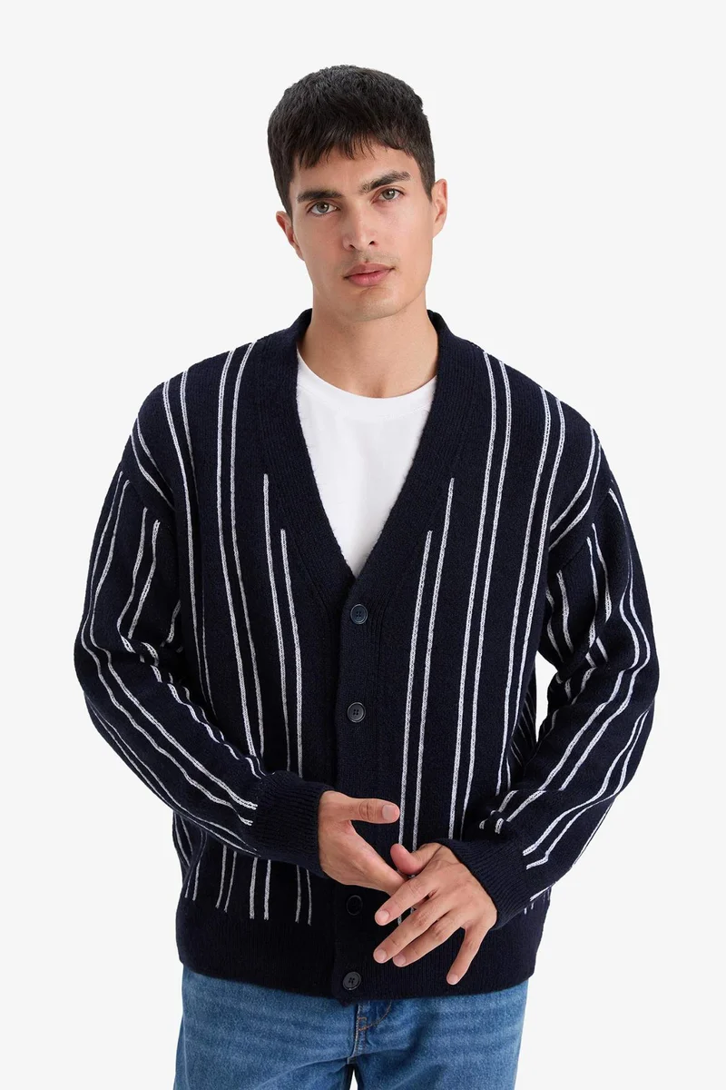 Defacto  Relax Fit V-Neck Buttoned Stripped Knit Cardigan for Men | Best Price UAE