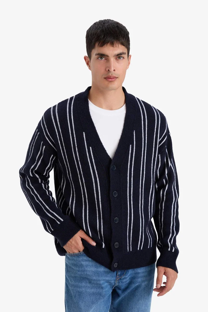 Defacto  Relax Fit V-Neck Buttoned Stripped Knit Cardigan for Men | Best Price UAE