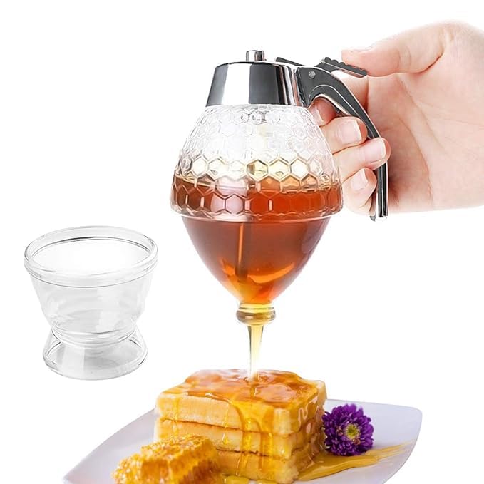 Luxansa Honey Dispenser No Drip Glass Honey Container Glass Syrup Dispenser Beautiful Shaped Honey Pot Olive Oil Dispenser Bottle Glass Honey Jar with Stand Great Decor Honey Containers - Image 2