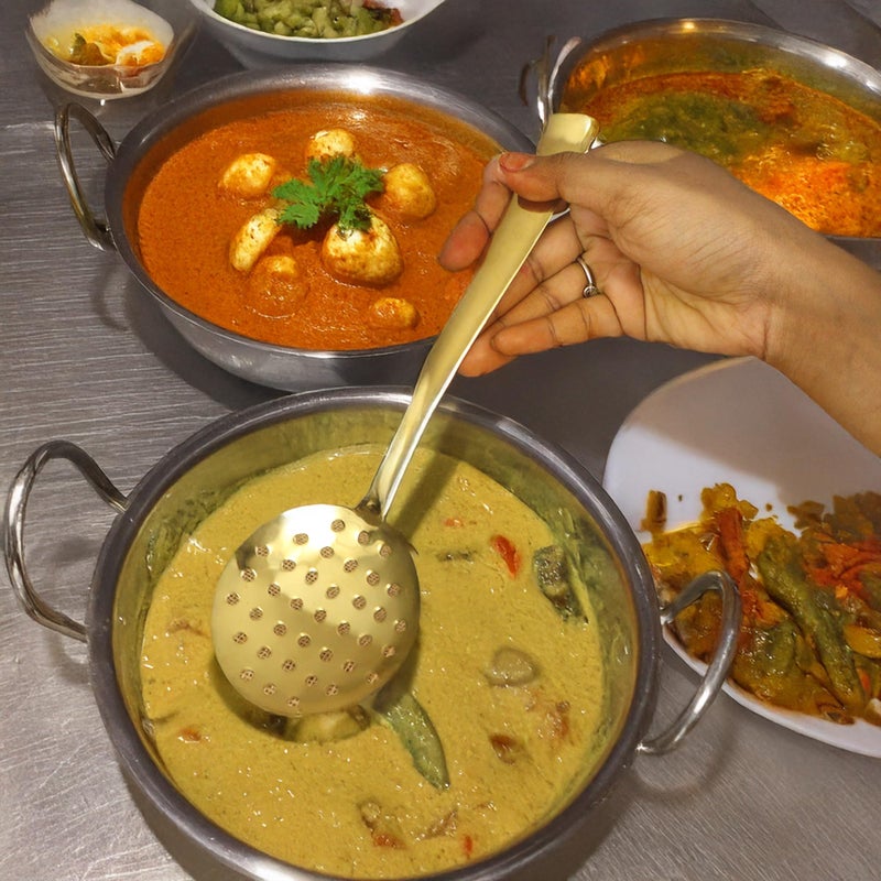 Spillbox Stainless Steel Gold PVD Plated Ladle|Dosa Karandi|Kuli Karandi|Jali Karandi|Cooking and Serving Ladle|Kitchenware|Cookware Ladle (Small Jalli Ladle) - Image 3