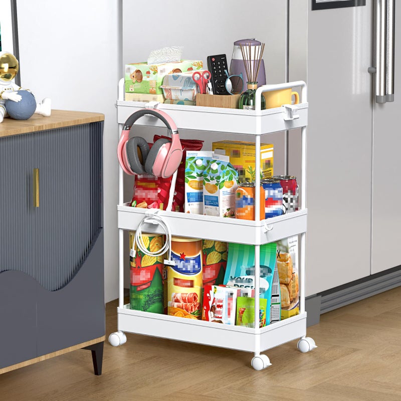 SOLEJAZZ 3 Tier Rolling Storage Cart with Wheels Slim Craft Nail Makeup Snack Art Baby Utility Cart Organizer on 2 Lockable Wheels for Bathroom Laundry Room Kitchen Bedside Narrow Spaces White