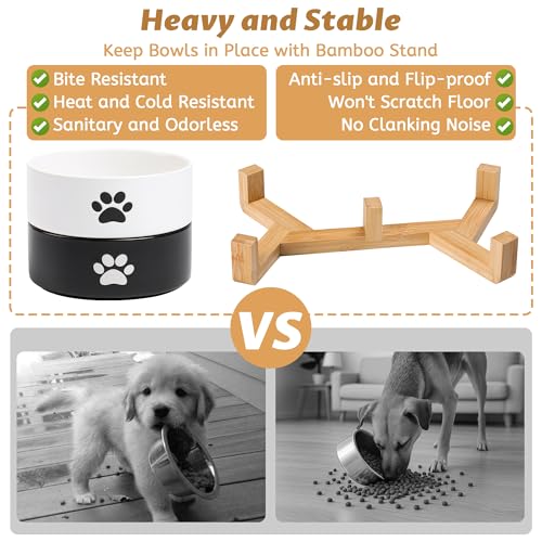 Kitwinney Dog Bowls, Non Slip Heavy Ceramic Dog Food and Water Bowl, Pet Feeding Bowl for Cats, Puppies and Small Dogs (2 Bowls+ 1 Stand-Black and White, 5.1 Inches) - Image 3