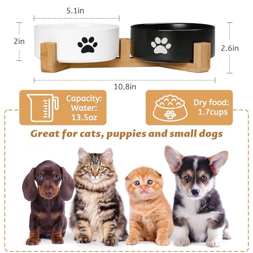 Kitwinney Dog Bowls, Non Slip Heavy Ceramic Dog Food and Water Bowl, Pet Feeding Bowl for Cats, Puppies and Small Dogs (2 Bowls+ 1 Stand-Black and White, 5.1 Inches) - Image 2
