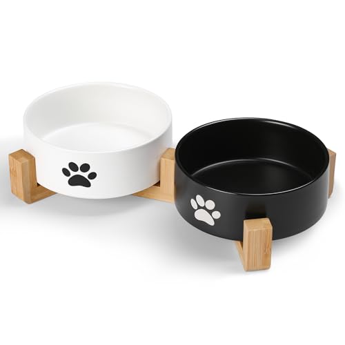 Kitwinney Dog Bowls, Non Slip Heavy Ceramic Dog Food and Water Bowl, Pet Feeding Bowl for Cats, Puppies and Small Dogs (2 Bowls+ 1 Stand-Black and White, 5.1 Inches) - Image 1