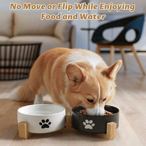 Kitwinney Dog Bowls, Non Slip Heavy Ceramic Dog Food and Water Bowl, Pet Feeding Bowl for Cats, Puppies and Small Dogs (2 Bowls+ 1 Stand-Black and White, 5.1 Inches) - Image 5