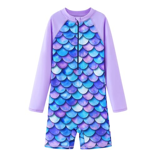 UMELOK Girls Rash Guard Long Sleeve One Piece Swimsuits with UPF 50+ Sun Protection Zipper Bathing Suits Purple，Scale,5T - Image 1