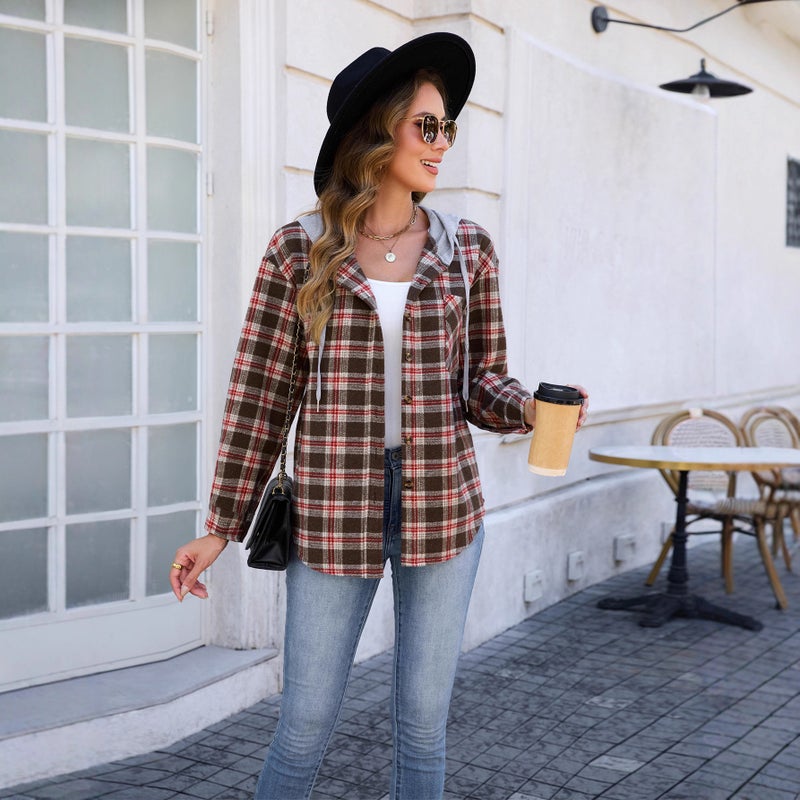 Women's Plaid Long Sleeve Hooded Shirt Jacket Double-Sided Wool Top - Image 3