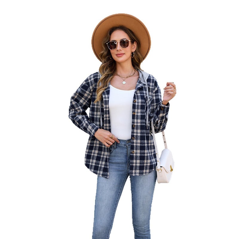 Women's Plaid Long Sleeve Hooded Shirt Jacket Double-Sided Wool Top - Image 5