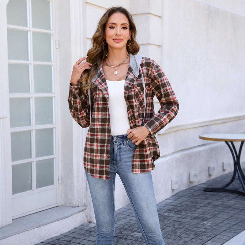 Women's Plaid Long Sleeve Hooded Shirt Jacket Double-Sided Wool Top - Image 4