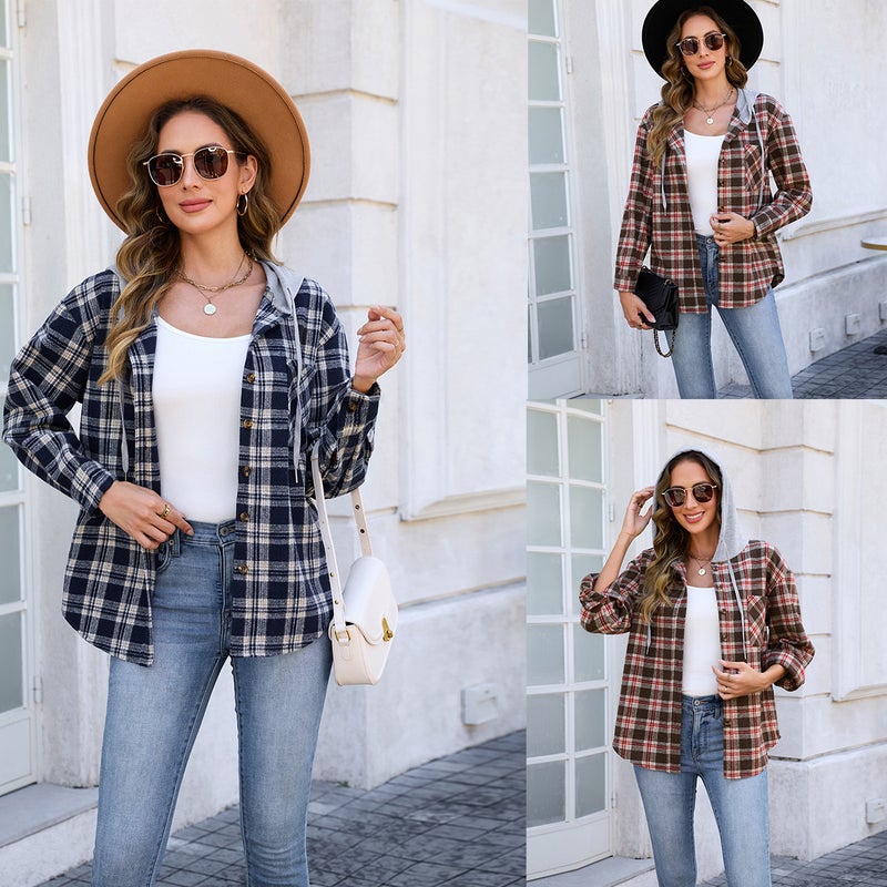 Women's Plaid Long Sleeve Hooded Shirt Jacket Double-Sided Wool Top - Image 1