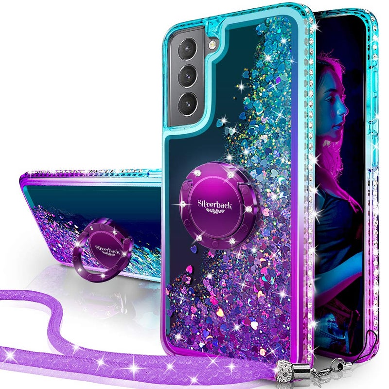 Silverback for Samsung Galaxy S21 Case, Moving Liquid Holographic Sparkle Glitter Case with Kickstand, Girls Women Bling Diamond Ring Protective Case for Galaxy S21 5G -Purple - Image 1