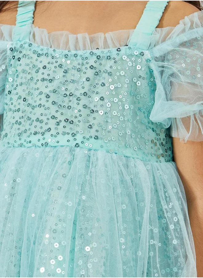 ستايلي Sequined Cold Shoulder Sleeves Mesh Dress