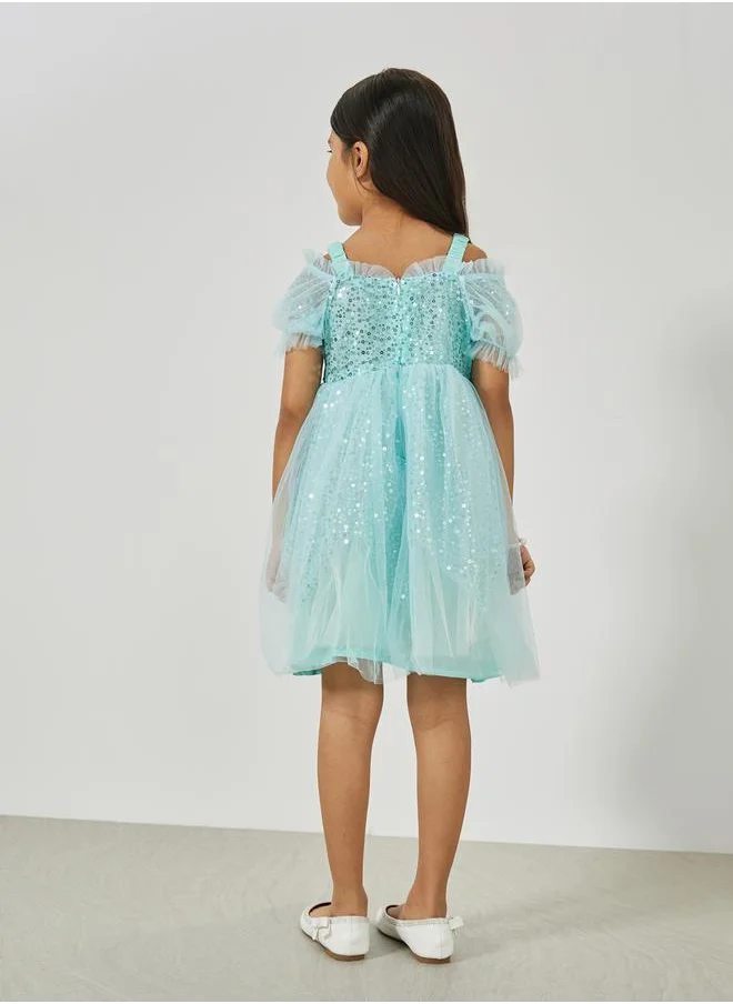 ستايلي Sequined Cold Shoulder Sleeves Mesh Dress