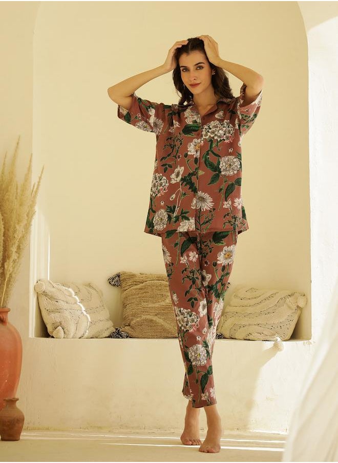 sanskrutihomes - Floral Printed Cotton Shirt and Pyjama Set by Styli - Image 1