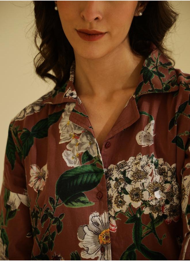 sanskrutihomes - Floral Printed Cotton Shirt and Pyjama Set by Styli - Image 1