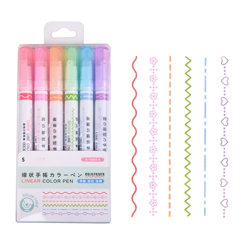 Star seedling linear pen roller design quick-drying lace pen key mark hand-painted outline curve fluorescent pen marker pen S-7008A-6 Regular six-line six-color linear pen - Image 1