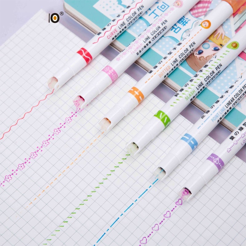 Star seedling linear pen roller design quick-drying lace pen key mark hand-painted outline curve fluorescent pen marker pen S-7008A-6 Regular six-line six-color linear pen - Image 5