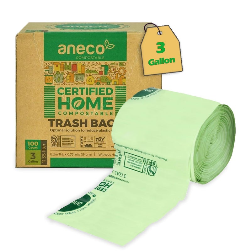 ANECO 100% Compostable Food Waste Bags 3 Gallon, 100 Count, Extra Thick Compost Bags for Countertop Bin, Small Compost Bag, Food Waste Bags with TUV OK Compost Home and BPI certified - Image 1