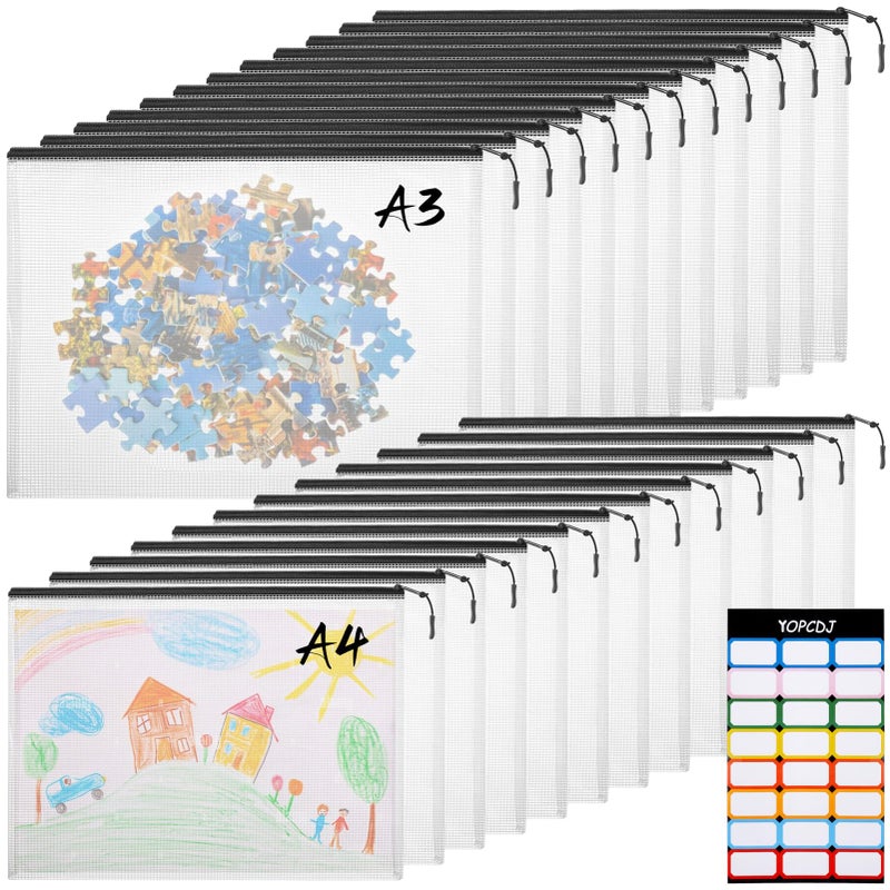 YOPCDJ 24pcs A4 Mesh Zipper Pouch File Bags, 12pcs Large A3 and 12pcs Letter A4,Black Reusable Zipper Bags for Organizing Storage, Waterproof Puzzle Bag, Board Game Storage and School Office Supplies - Image 1