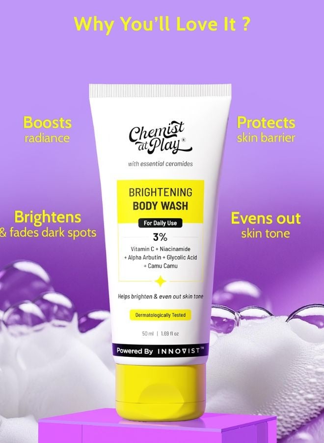 Chemist at Play Brightening Body Wash | Vitamin C Bodywash for Glowing Skin | Fades Dark Spots | Evens out Skin Tone | Alpha Arbutin | 30X Vitamin C with Camu Camu | For Women & Men | 50ml - Image 2