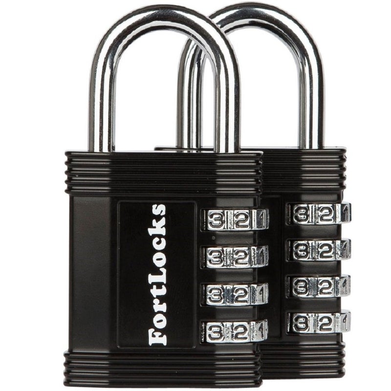 FortLocks Padlock 4 Digit Combination Lock for Gym Outdoor School Locker Fence Case Shed Heavy Duty Resettable Set Your Own Combo Waterproof Weatherproof 2 Pack Black
