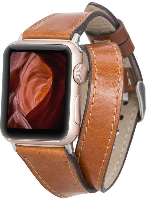 Apple Watch Compatible Leather Band 42-44-45MM Slim Double Tour Qua RST2EF Tan