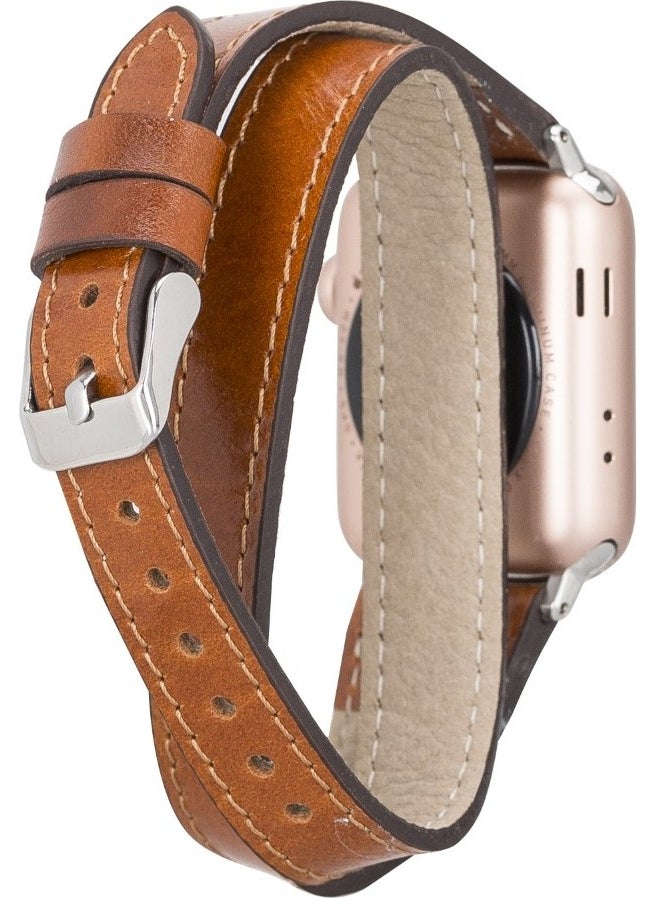 BOULETTA - Apple Watch Compatible Leather Band 42-44-45MM Slim Double Tour Qua RST2EF Tan - Image 1