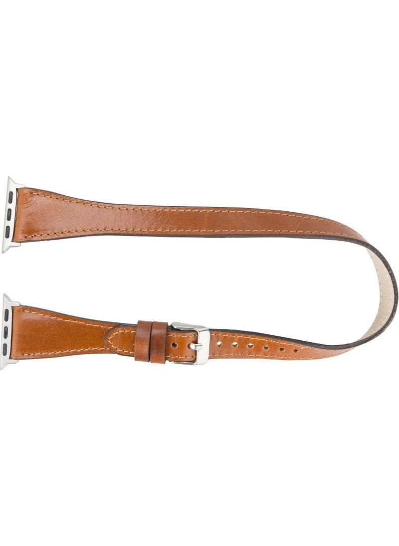 BOULETTA - Apple Watch Compatible Leather Band 42-44-45MM Slim Double Tour Qua RST2EF Tan - Image 1