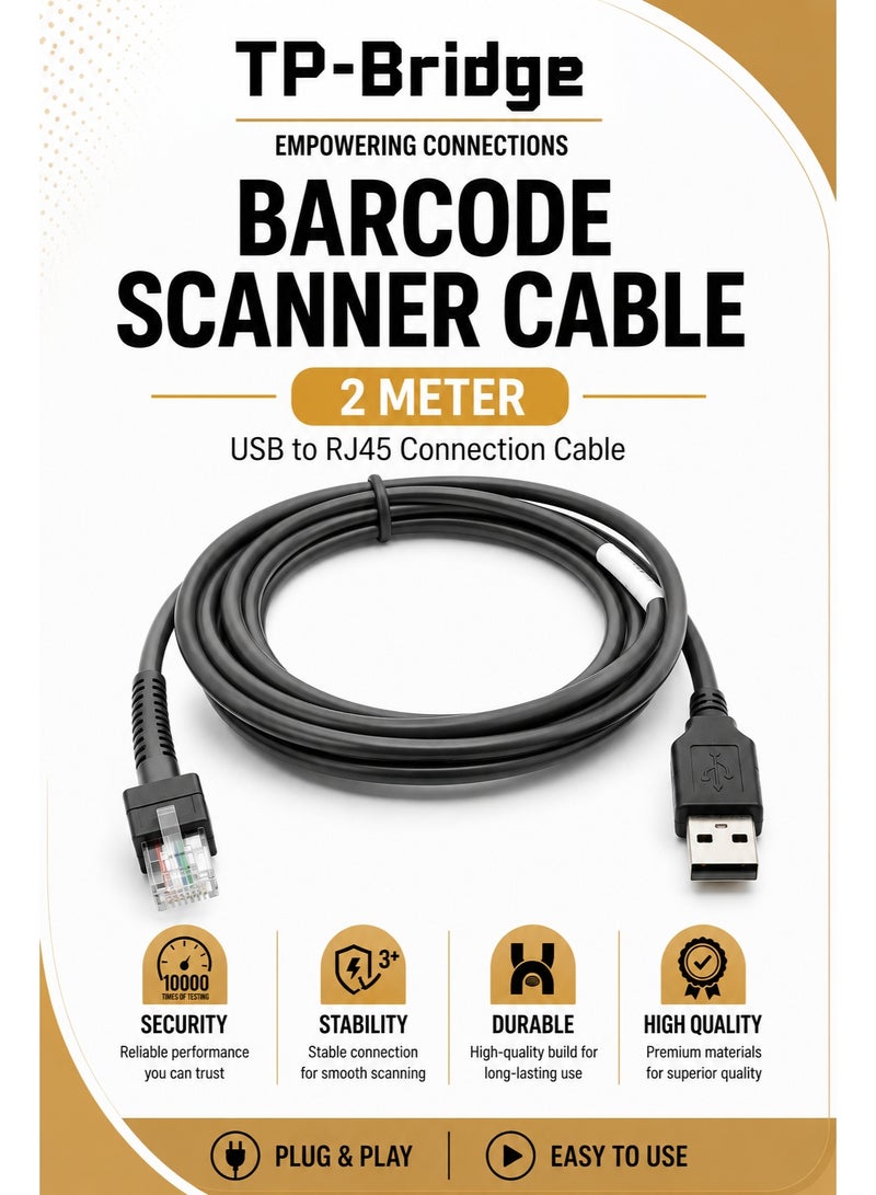 TP-BRIDGE Barcode Scanner Cable 2 Meter USB to RJ45 Compatible Replacement Cable for Barcode Scanner Plug & Play High Speed Durable Scanner Cord - Image 1