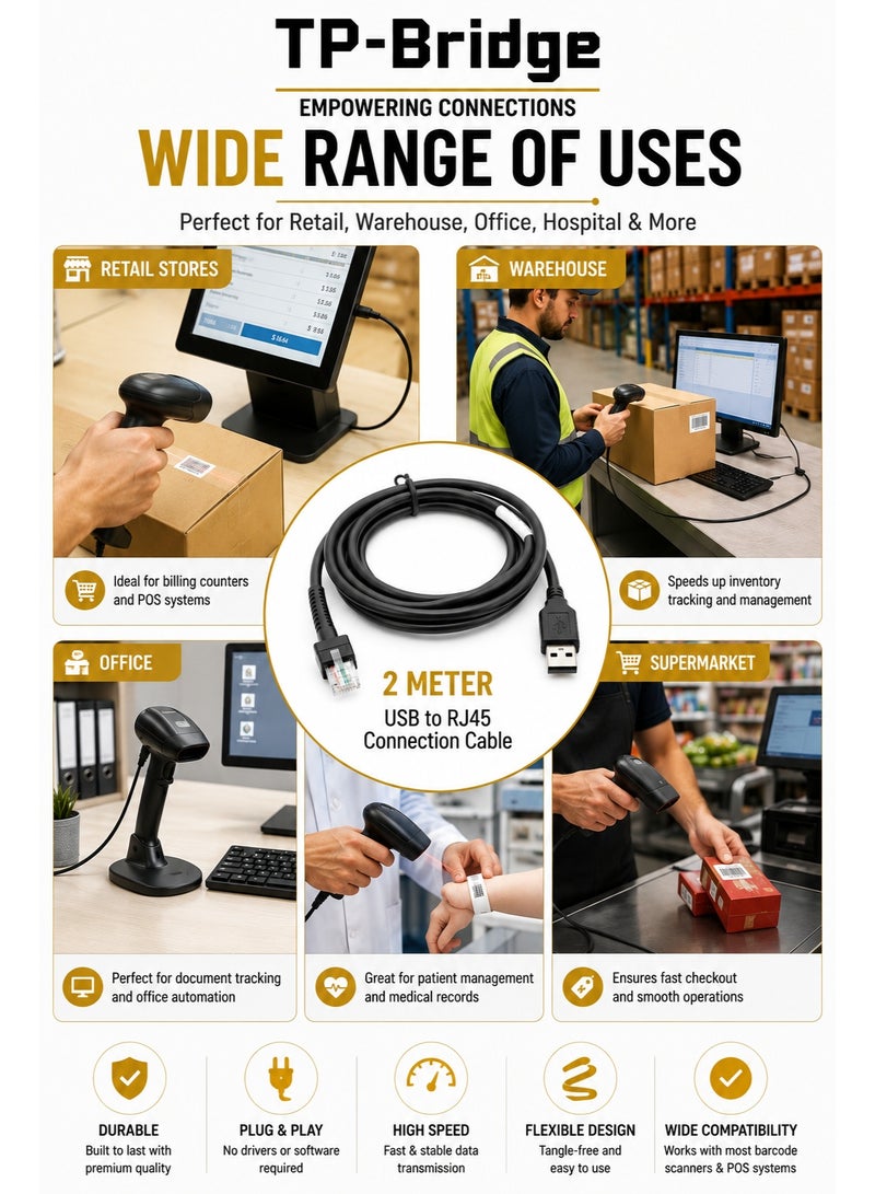 TP-BRIDGE Barcode Scanner Cable 2 Meter USB to RJ45 Compatible Replacement Cable for Barcode Scanner Plug & Play High Speed Durable Scanner Cord - Image 2