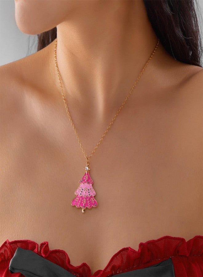RLHRNDE Christmas Tree Necklace Earrings Set for Women Fashion Enamel Metal Xmas Tree Dangle Earrings Hypoallergenic Christmas Tree Pendant Necklace Christmas Holiday Jewelry Gift (Pink) - Image 3