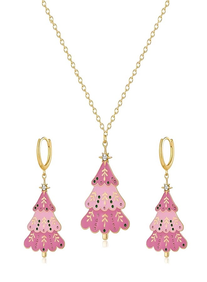RLHRNDE Christmas Tree Necklace Earrings Set for Women Fashion Enamel Metal Xmas Tree Dangle Earrings Hypoallergenic Christmas Tree Pendant Necklace Christmas Holiday Jewelry Gift (Pink) - Image 1