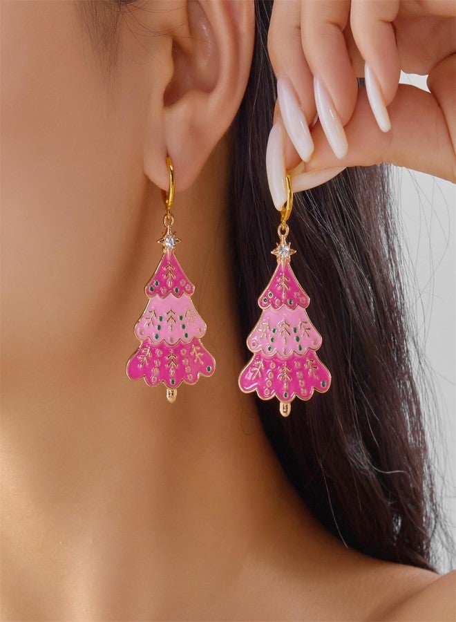 RLHRNDE Christmas Tree Necklace Earrings Set for Women Fashion Enamel Metal Xmas Tree Dangle Earrings Hypoallergenic Christmas Tree Pendant Necklace Christmas Holiday Jewelry Gift (Pink) - Image 4