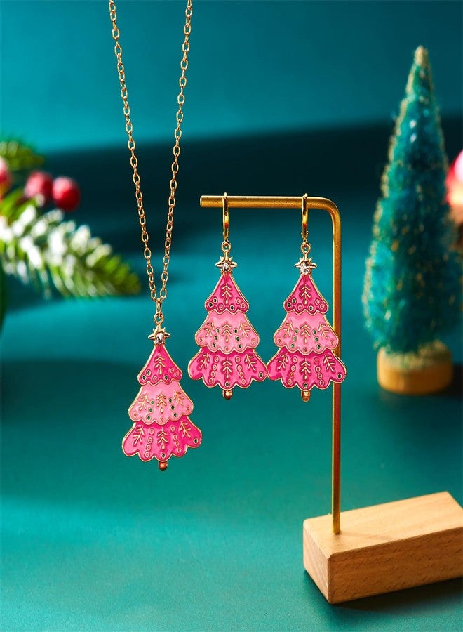 RLHRNDE Christmas Tree Necklace Earrings Set for Women Fashion Enamel Metal Xmas Tree Dangle Earrings Hypoallergenic Christmas Tree Pendant Necklace Christmas Holiday Jewelry Gift (Pink) - Image 5