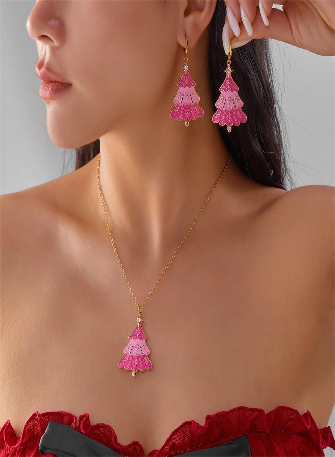 RLHRNDE Christmas Tree Necklace Earrings Set for Women Fashion Enamel Metal Xmas Tree Dangle Earrings Hypoallergenic Christmas Tree Pendant Necklace Christmas Holiday Jewelry Gift (Pink) - Image 2